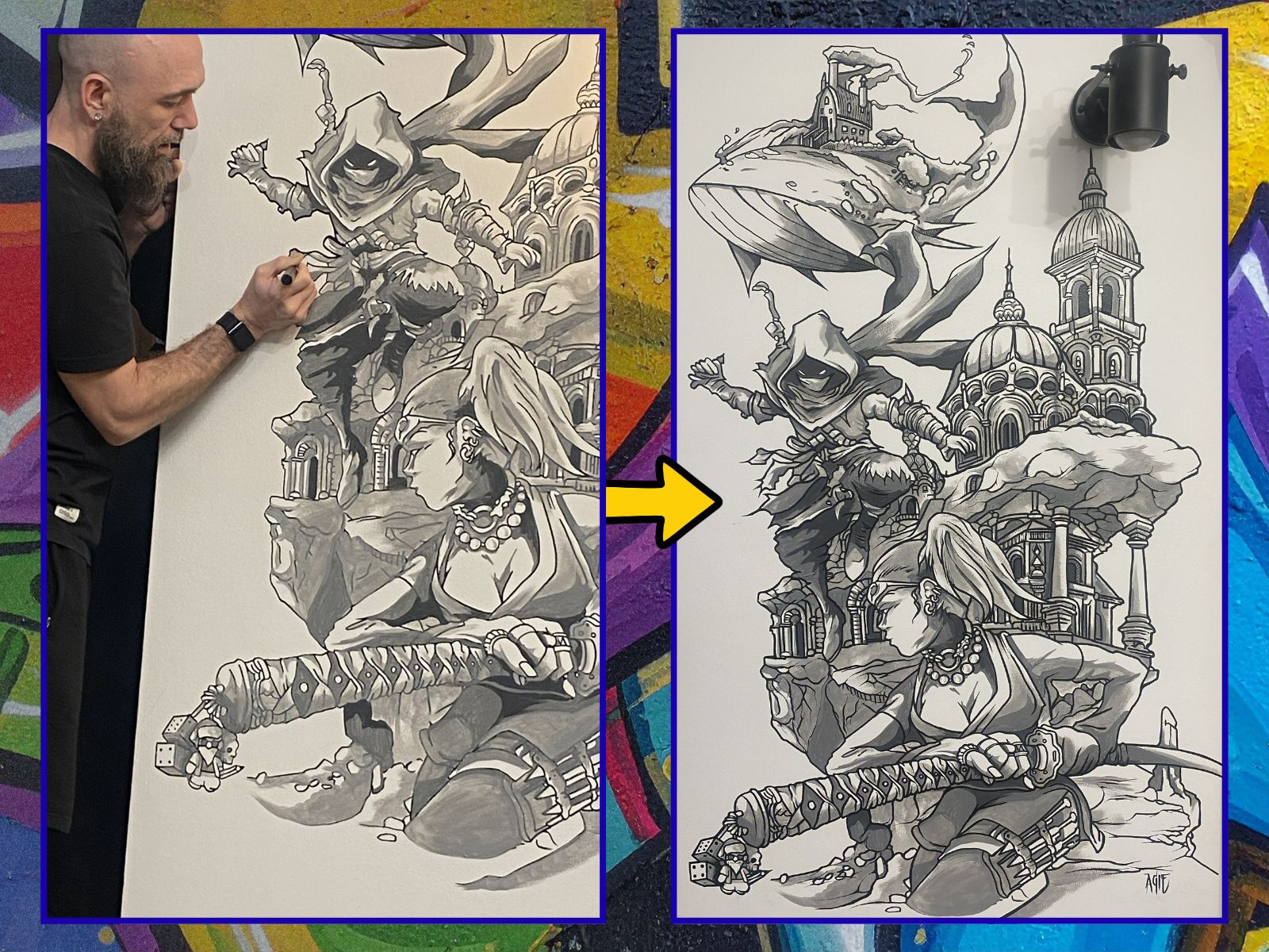 Keith working on a mural design and the finished mural artwork