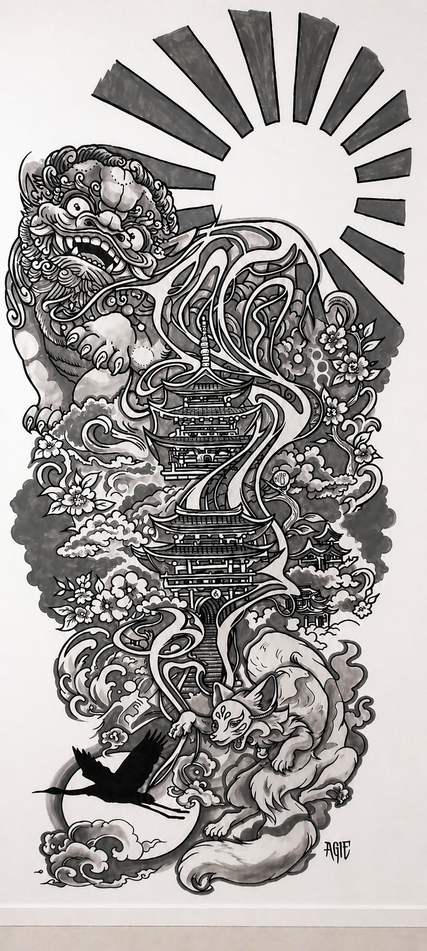 Japanese style mural concept or finished wall artwork